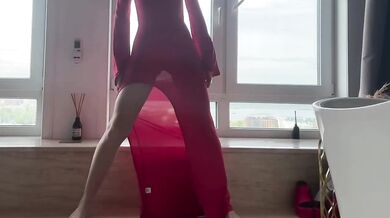 Goddess in dress teases worshipping feet until perfect ass glistens