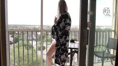 Exposed blonde big tits micro bikini try on haul outdoors on hotel balcony