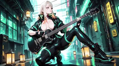 Blonde cyberpunk agent ruined in dripping wet techwear crouching low