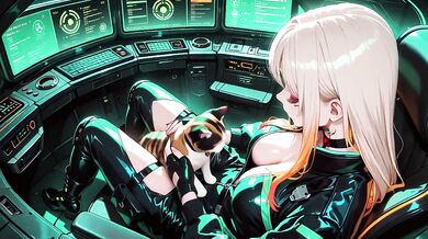 Blonde cyberpunk agent ruined in dripping wet techwear crouching low