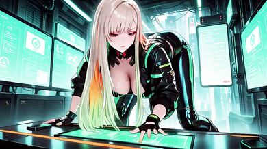 Blonde cyberpunk agent ruined in dripping wet techwear crouching low