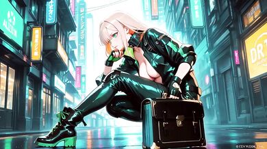 Blonde cyberpunk agent ruined in dripping wet techwear crouching low