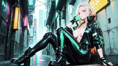 Blonde cyberpunk agent ruined in dripping wet techwear crouching low