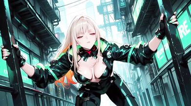 Blonde cyberpunk agent ruined in dripping wet techwear crouching low