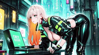 Blonde cyberpunk agent ruined in dripping wet techwear crouching low