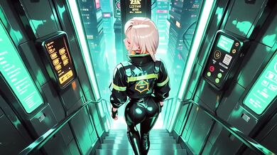 Blonde cyberpunk agent ruined in dripping wet techwear crouching low