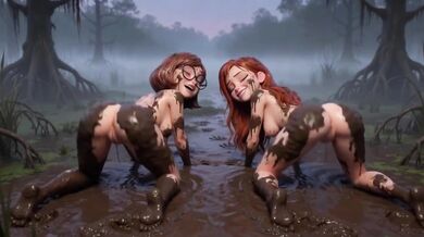 Two women lose clothes in swamp search muddy role play threesome