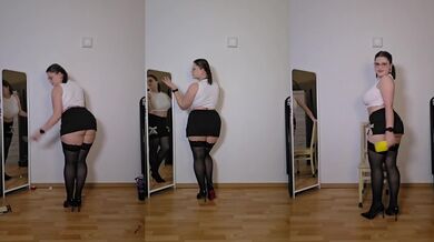 BBW secretary cleans office squatting bend over nylons high heels stockings solo