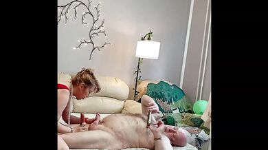 Old furry monster with two cocks deep throat in gorgeous mature lady