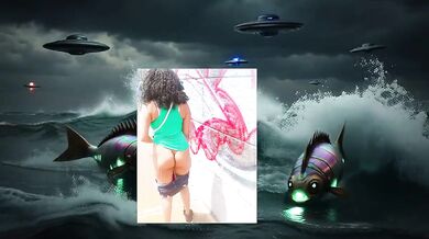 Sci fi planet parody ebony babe gushing in public