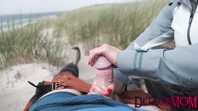 Wife milked his big cock on the public beach Milf gets wild