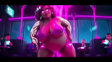 Curvy babes oil drip twerk in neon cyberpunk city at night