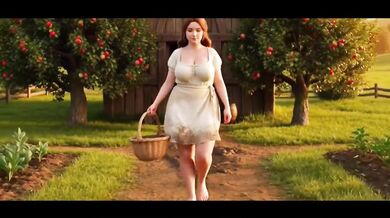 Medieval peasant woman stripped bare bathing in stream under sunny skies