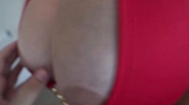 Blonde bimbo gets face fucked in tiny red mini dress