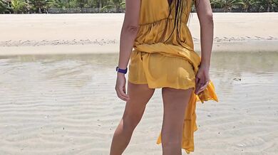 Yellow Dress n Red Butt Plug No Panties on Public Beach