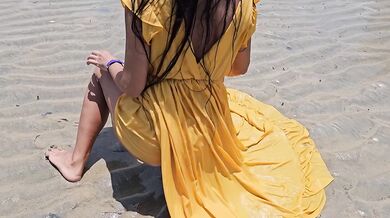 Yellow Dress n Red Butt Plug No Panties on Public Beach