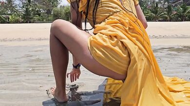 Yellow Dress n Red Butt Plug No Panties on Public Beach