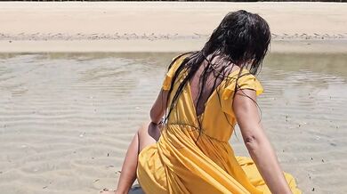 Yellow Dress n Red Butt Plug No Panties on Public Beach
