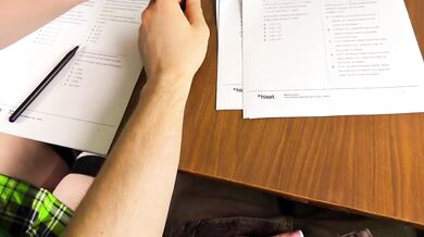 Schoolgirl jerks him off under exam table for right answers cumshot