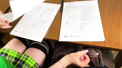 Schoolgirl jerks him off under exam table for right answers cumshot