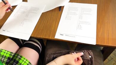 Schoolgirl jerks him off under exam table for right answers cumshot