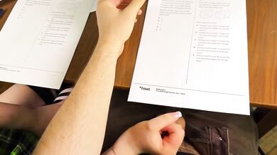 Schoolgirl jerks him off under exam table for right answers cumshot