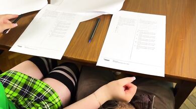 Schoolgirl jerks him off under exam table for right answers cumshot