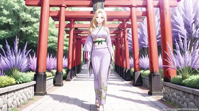Blonde in Lavender gagged under red Torii gasping while staff worships her bare feet