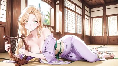 Blonde in Lavender gagged under red Torii gasping while staff worships her bare feet