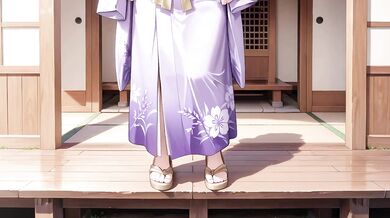 Blonde in Lavender gagged under red Torii gasping while staff worships her bare feet