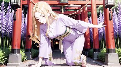 Blonde in Lavender gagged under red Torii gasping while staff worships her bare feet