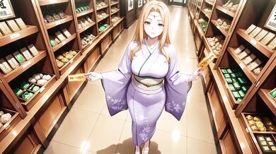Blonde in Lavender gagged under red Torii gasping while staff worships her bare feet