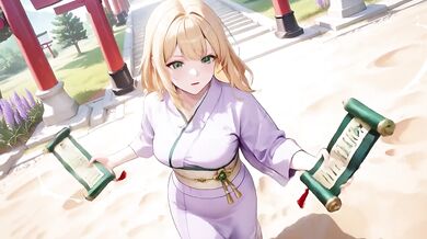 Blonde in Lavender gagged under red Torii gasping while staff worships her bare feet
