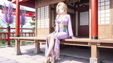 Blonde in Lavender gagged under red Torii gasping while staff worships her bare feet