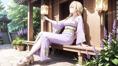 Blonde in Lavender gagged under red Torii gasping while staff worships her bare feet