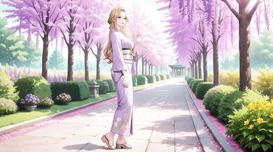 Blonde in Lavender gagged under red Torii gasping while staff worships her bare feet
