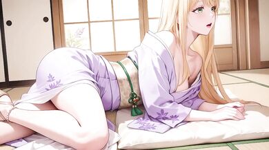 Blonde in Lavender gagged under red Torii gasping while staff worships her bare feet