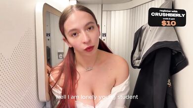Desperate girl on night train risks public blowjob in cable way