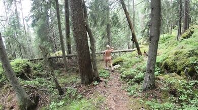 Raw Russian milf nude in forest getting hairy pussy soaked