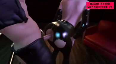 Dominatrix straps brute to wall for relentless rough latex anal