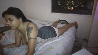 Nighttime window blowjob from pretty ebony neighbor