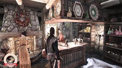 Skyrim Lydia takes Camilla Valerius while werewolf Sven Faendal watch