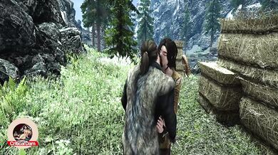 Skyrim Lydia takes Camilla Valerius while werewolf Sven Faendal watch