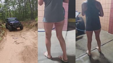Milf flashes big ass and tits cleaning muddy jeep in public