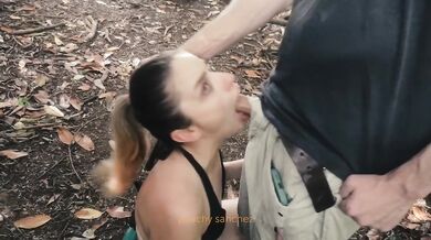 Peachy sucked him hard in the woods for a face full of cum