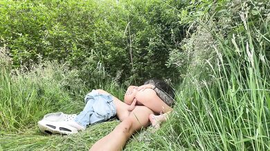 Stranger fucked raw in the woods her cum dripping down her thighs