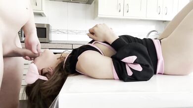 Catgirl gets real handcuffs destroyed in sloppy blowjob then choked while moaning step dad punishment