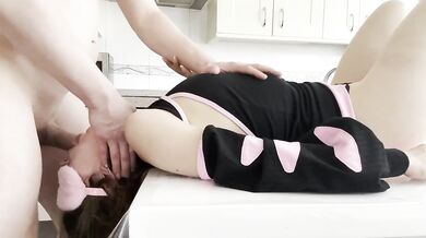 Catgirl gets real handcuffs destroyed in sloppy blowjob then choked while moaning step dad punishment