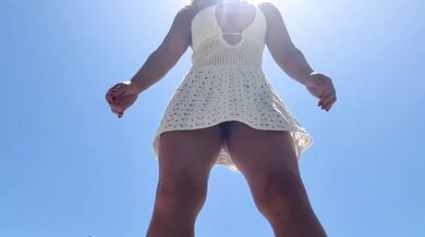 Asian Milf goddess worshipped in sun dress upskirt fingering her g string pussy