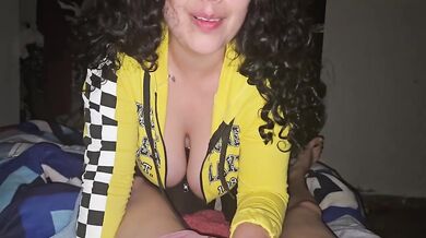 Brunette glasses big tits POV step sis swallows every drop of cum